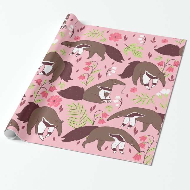 Papel De Presente pinheiro-rosa floral animal fofo (Desenrolado)