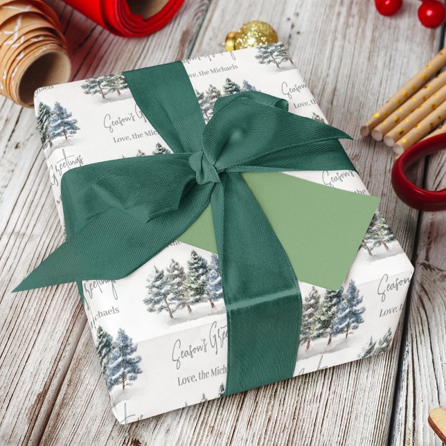 Papel De Presente Pinheiros De Inverno Personalizados Por Aquarela (Christmas holiday custom wrapping paper roll. )
