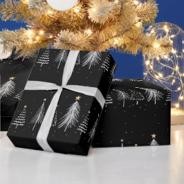 Papel De Presente Pinheiros de inverno preto Elegante Padrão