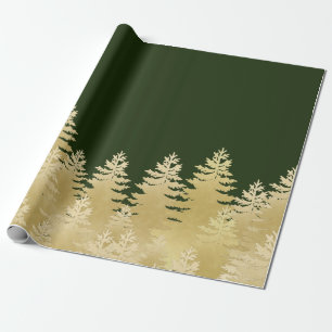 Papel De Presente Pinheiros Ouro Faux Fundo Verde Escuro