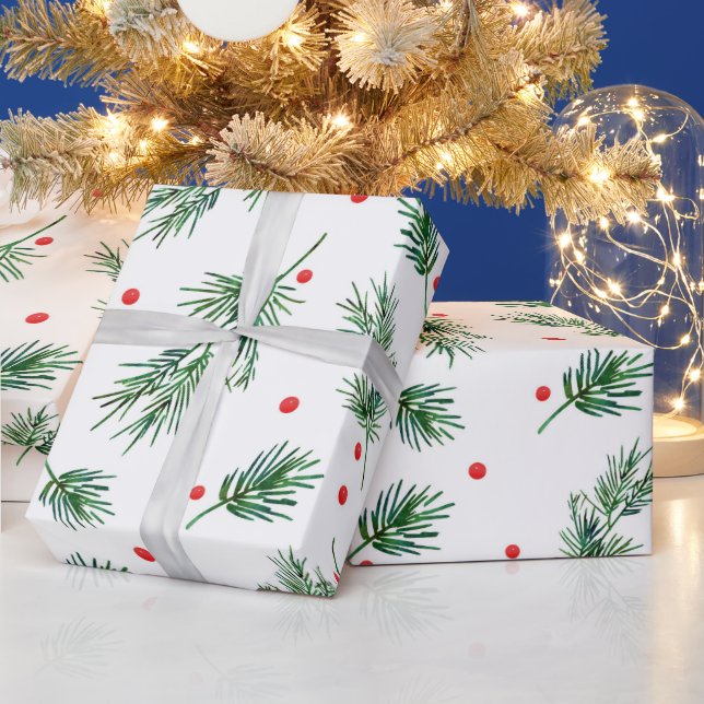 Papel De Presente Pinho de Aquarela e Padrão de Berries (Feriados)