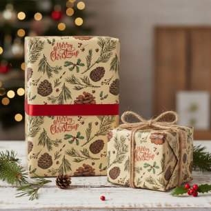 Papel De Presente Pinho de Natal Alegre Dourado & Fruta de Espinheir