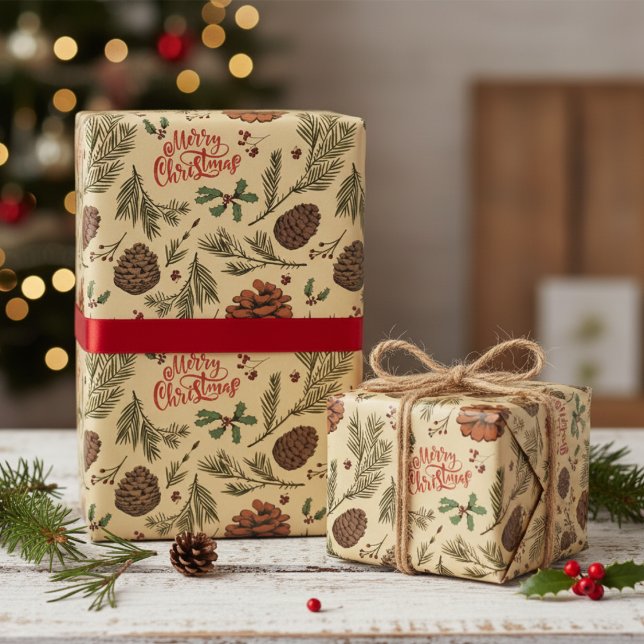 Papel De Presente Pinho de Natal Alegre Dourado & Fruta de Espinheir (Winter Pinecone Gold Gift Wrap. Pinecones, Holly Berry, Pine, Merry Christmas Handwritten Script)