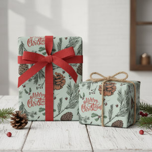 Papel De Presente Pinho Natalino Verde Rústico com Folhas de Azevinh