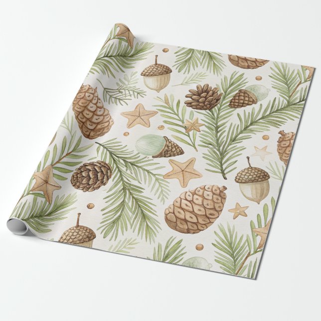 Papel De Presente Pinho Sempre Verde Dourado Marrom Natural (Desenrolado)