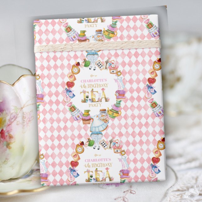 Papel De Presente Pink Alice in Wonderland 4th Birthday   (Criador carregado)