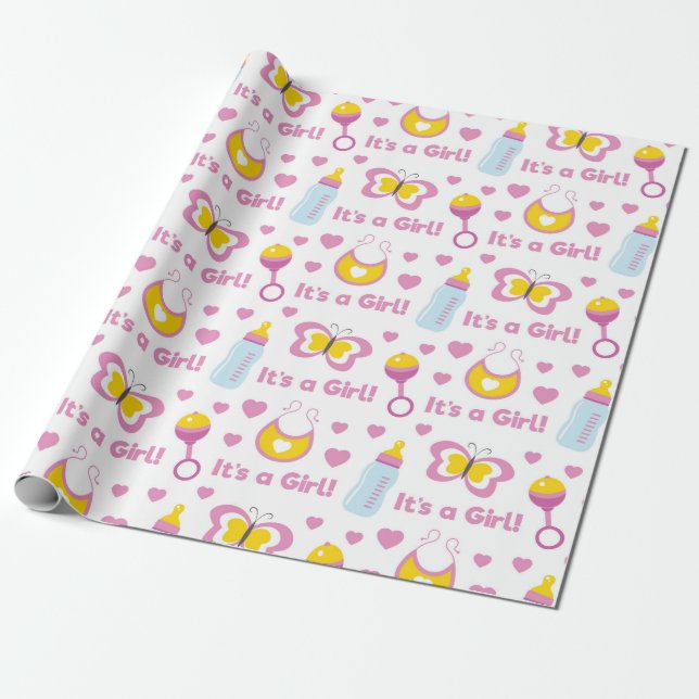PAPEL DE PRESENTE PINK AMARELO BRANCO É UM BEBÊ DE GAROTA (Desenrolado)