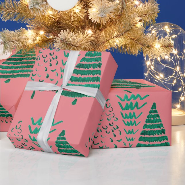 Papel De Presente Pink and Green Christmas Trees  (Feriados)