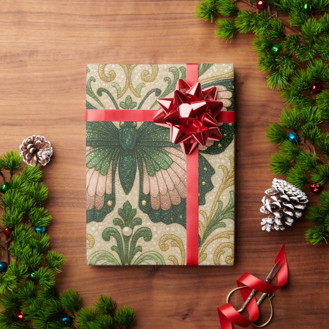Papel De Presente Pink and Green Gift Wrap Butterfly Print (Presente de Natal)