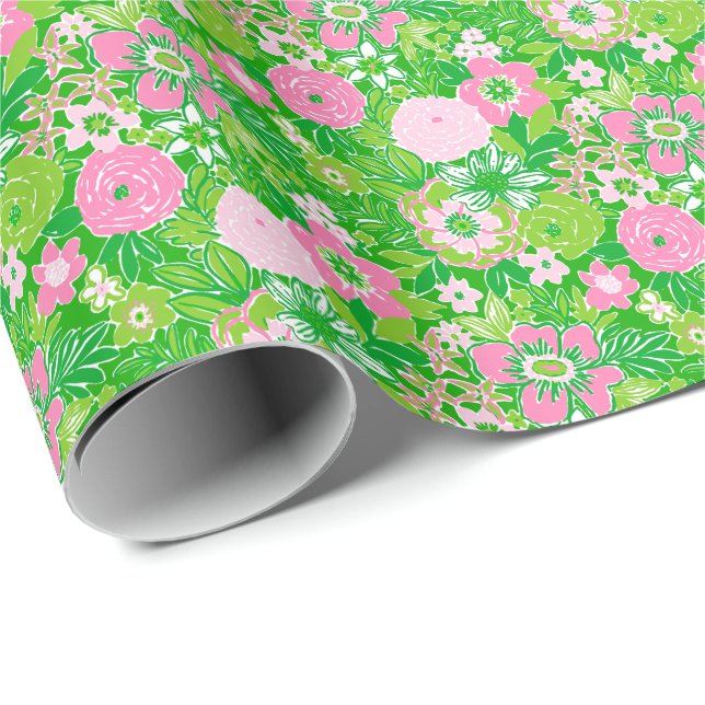 Papel De Presente Pink and Green Preppy Palm Beach Floral (Ponta do rolo)