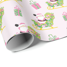 Papel De Presente Pink and Green Preppy Palm Beach Santa Claus