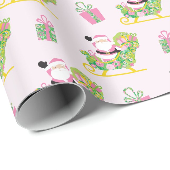 Papel De Presente Pink and Green Preppy Palm Beach Santa Claus (Ponta do rolo)