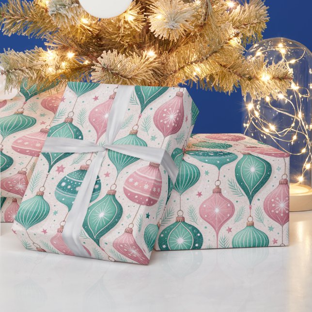 Papel De Presente Pink and Teal Bauble Ornament Christmas (Feriados)