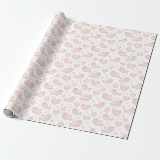 Papel De Presente Pink Birds and Flowers Baby Shower (Desenrolado)