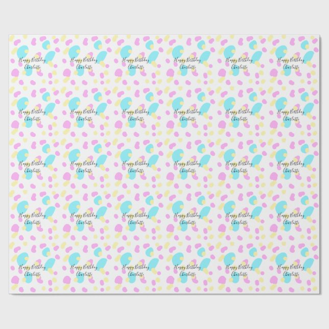 Papel De Presente Pink blue yellowhappy birthday kids shapes abstrac (Aberto)