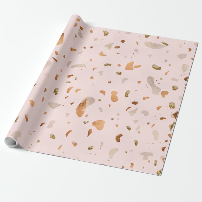 Papel De Presente Pink Blush Terrazzo Com Douradas Manchas De Cobre (Desenrolado)