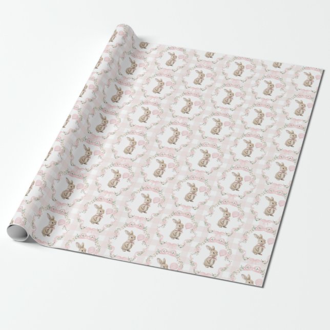 Papel De Presente Pink Bow Bunny Rabbit Gingham Girl Birthday (Desenrolado)