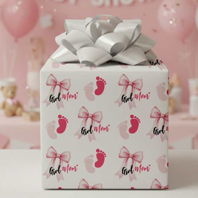 Papel De Presente Pink Bow Girl Mom Ribbon Cute Baby Shower (Criador carregado)