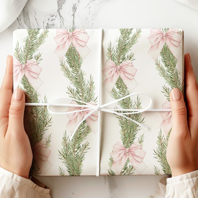 Papel De Presente Pink Bow Winter Green Wrapping Paper (Criador carregado)