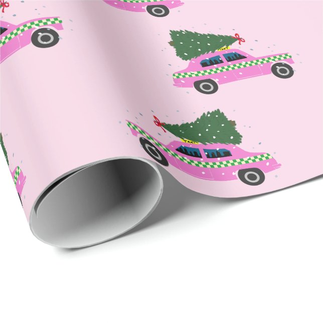 Papel De Presente Pink Cab Taxi Fir Tree Padrão Rosa Natal (Ponta do rolo)