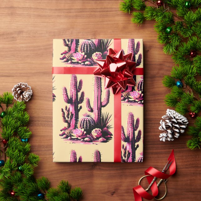 Papel De Presente Pink Cacti Batch-Tan Background (Presente de Natal)