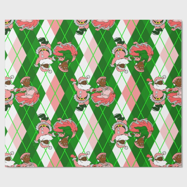 Papel De Presente pink christmas black santa wife plaid  (Aberto)