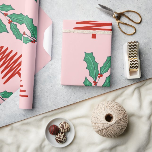 Papel De Presente Pink Christmas trees and holly's  (Artesanato)