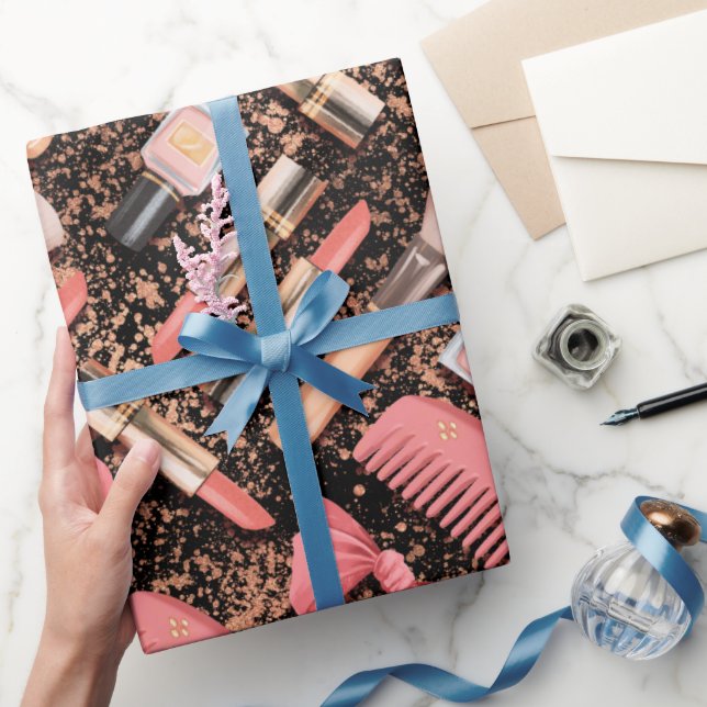 Papel De Presente Pink Cosmetics Pattern Glitter  (Presentear)