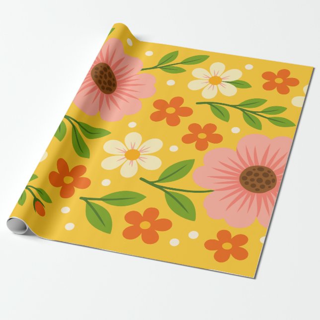 Papel De Presente Pink, cream & Orange Flowers with Green Leaves (Desenrolado)