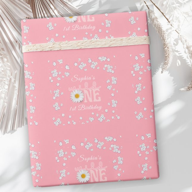 Papel De Presente Pink Daisy Wild One 1º Aniversário  (Criador carregado)