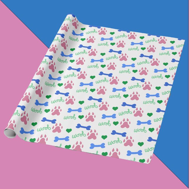 Papel De Presente Pink Dog Paws Blue Bones Green Hearts Woof Pattern (A wrapping paper with pink dog paws, blue dog bones, green hearts and woof.)