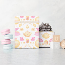 Papel De Presente Pink e Dourada Watercolor Princesa Tea Party