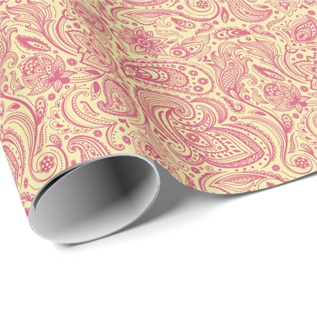 Papel De Presente Pink Floral paisley sobre fundo bege (Ponta do rolo)
