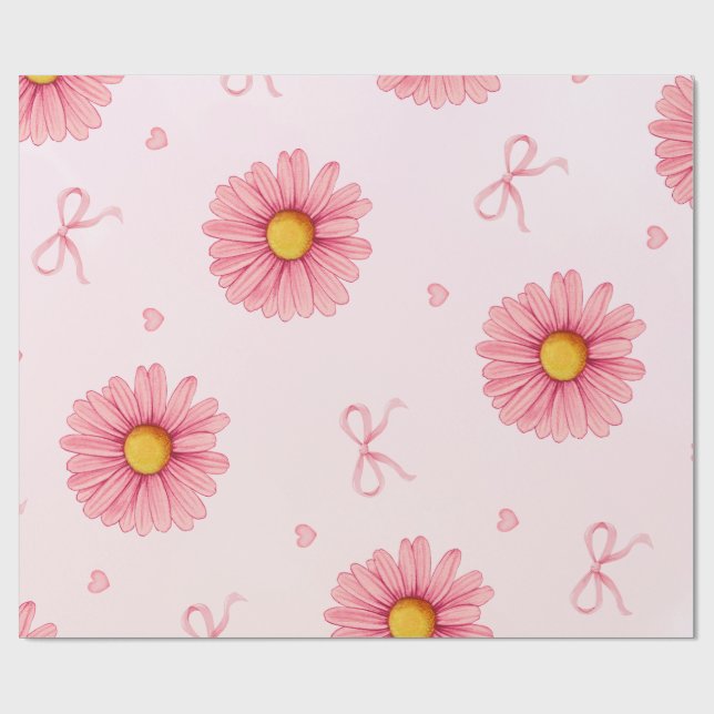Papel De Presente Pink flowers, bows, and hearts tissue paper (Aberto)