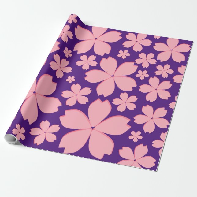 Papel De Presente Pink Flowers on Purple Wrapping Paper (Desenrolado)