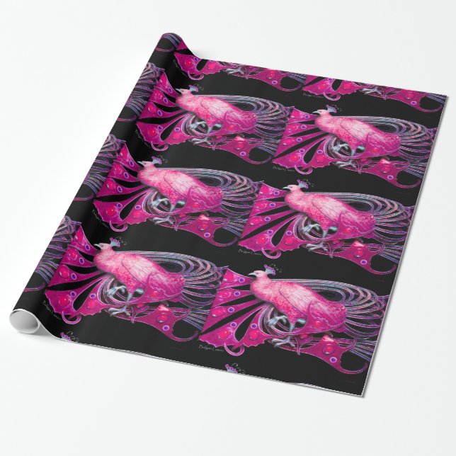 PAPEL DE PRESENTE PINK FUCHSIA PEACOCK E PEDAÇAS GEM ELEGANTES (Desenrolado)