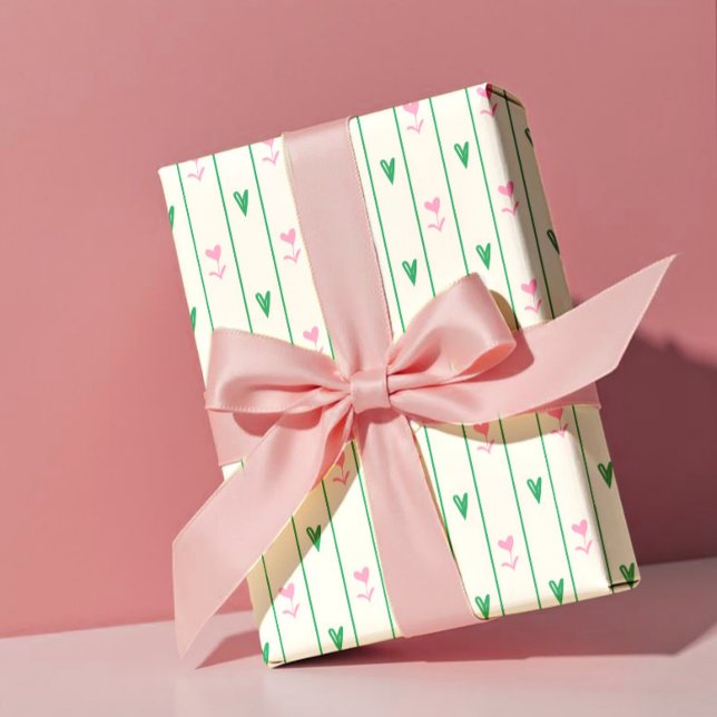 Papel De Presente Pink Heart Blooms & Green Heart - Modern Valentine (Criador carregado)