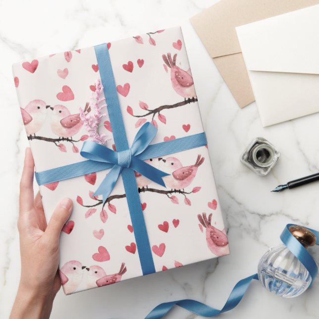 Papel De Presente Pink Hearts Love Birds Valentine's Day Wedding (Presentear)