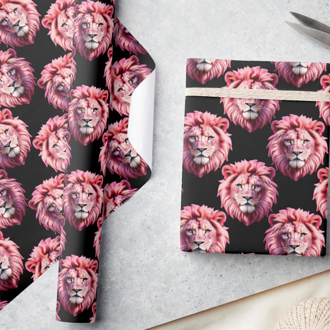 Papel De Presente Pink Lion Head Animal Pattern Design - Black  (Criador carregado)
