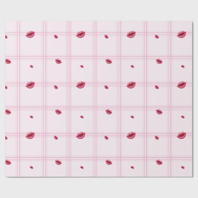 Papel De Presente Pink Lip Prints on Plaid. Valentine's Day (Aberto)