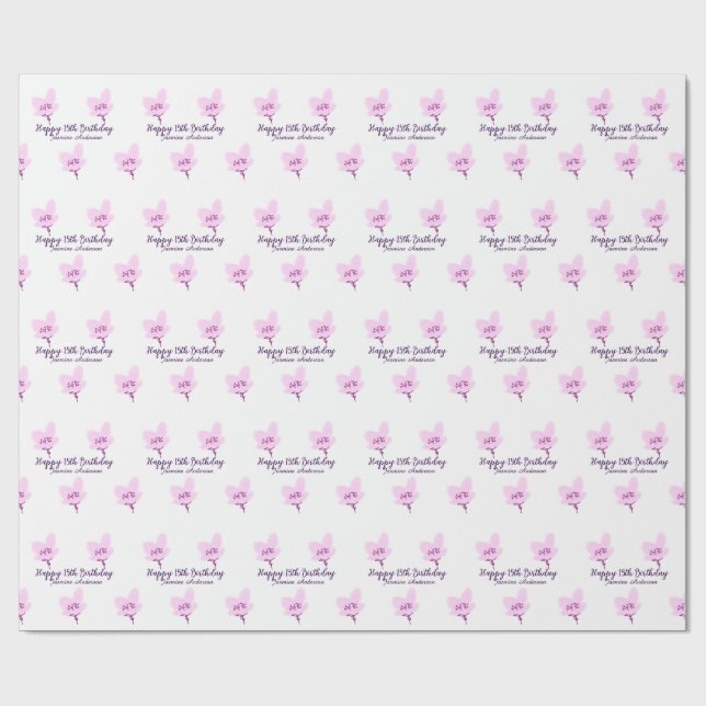 Papel De Presente Pink mauve floral 15th birthday quinceanera name d (Aberto)