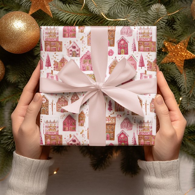 Papel De Presente Pink Modern Gingerbread House Wrapping Paper (Criador carregado)