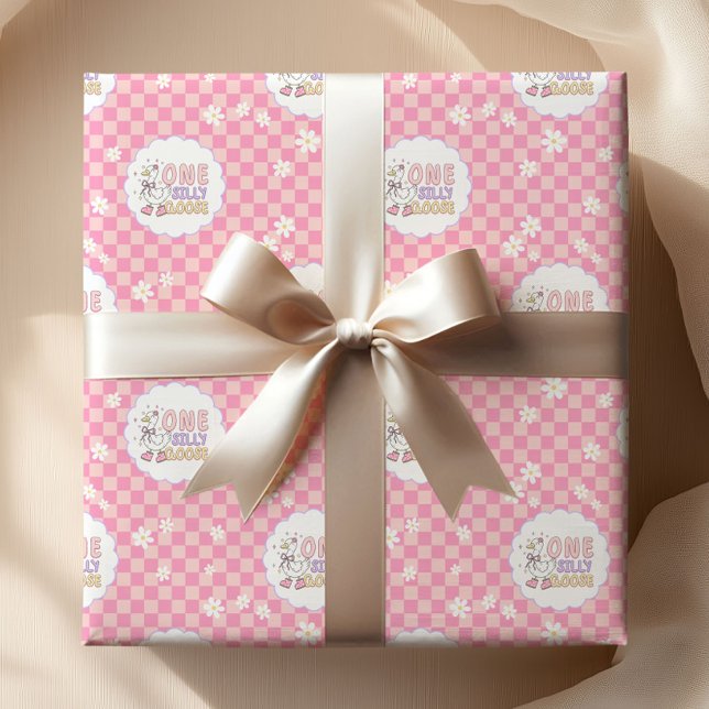 Papel De Presente Pink One Silly Goose-Girl's First Birthday  (Pink One Silly Goose Wrapping paper. Girl's First Birthday prop)