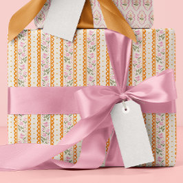 Papel De Presente Pink Orange Dainty Floral Stripes Patterned