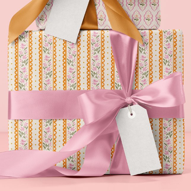 Papel De Presente Pink Orange Dainty Floral Stripes Patterned (Pretty vintage style pink floral striped wrapping paper roll with orange scallops and yellow dots)