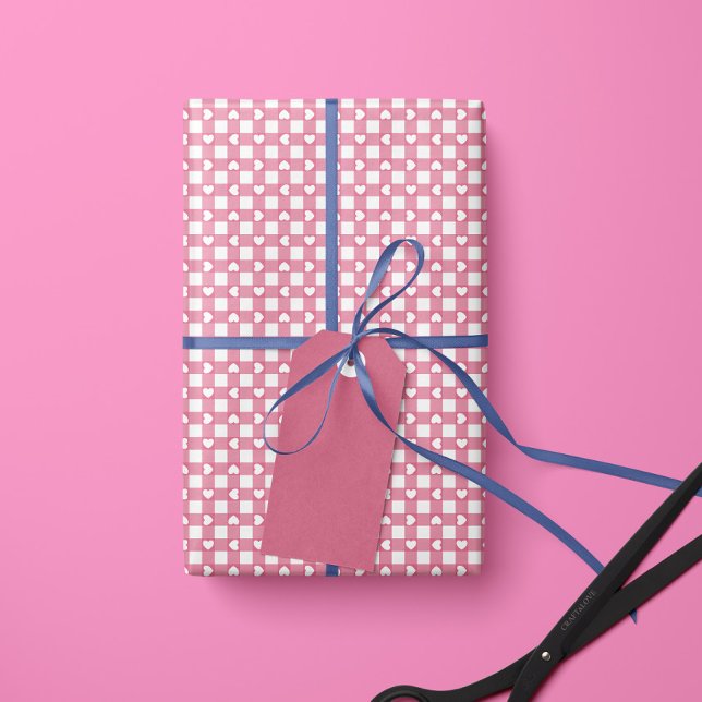 Papel De Presente Pink Preppy Gingham Hearts- Wrapping Paper Roll (Criador carregado)
