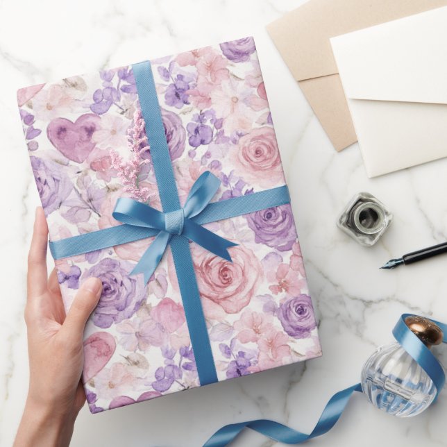 Papel De Presente Pink Purple Blush Flowers Hearts Valentine's Day (Presentear)
