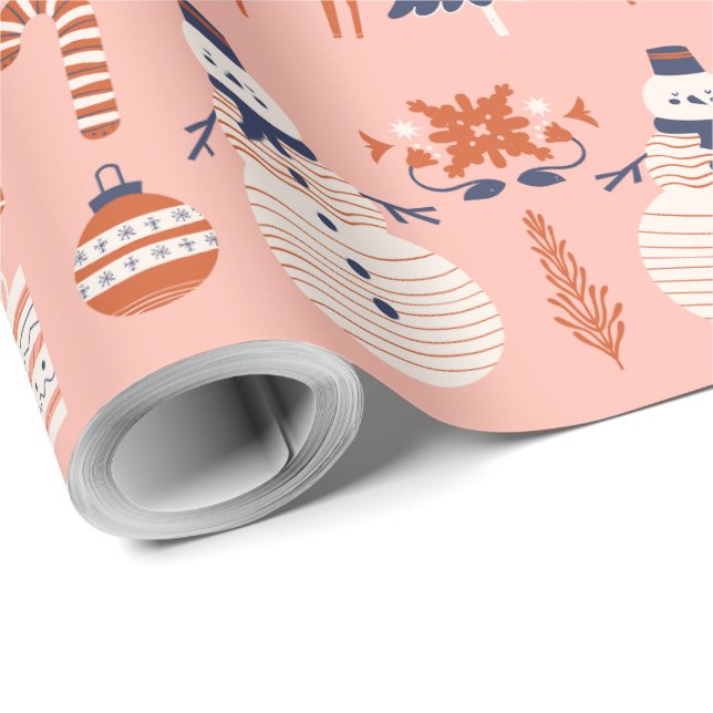 Papel De Presente Pink Red Blue Illustrative Modern Christmas  (Ponta do rolo)