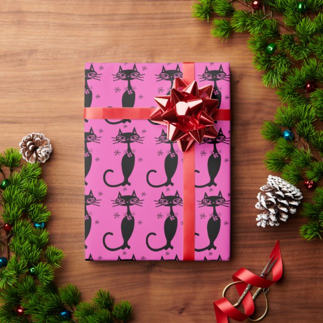 PAPEL DE PRESENTE PINK RETRO BLACK CAT CHRISTMAS WRAPPING (Presente de Natal)