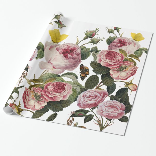 Papel De Presente PINK ROSES E MANTEIRAS AMARELAS White Floral (Desenrolado)